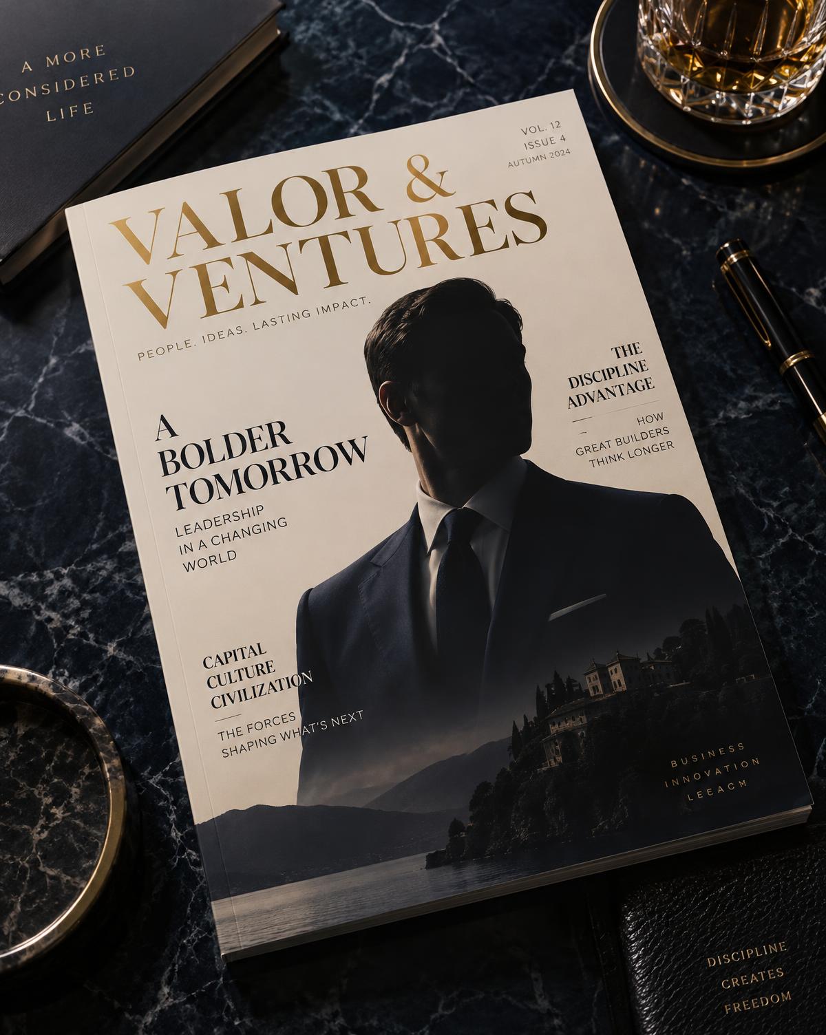 Concept mockup of a Valor & Ventures magazine cover