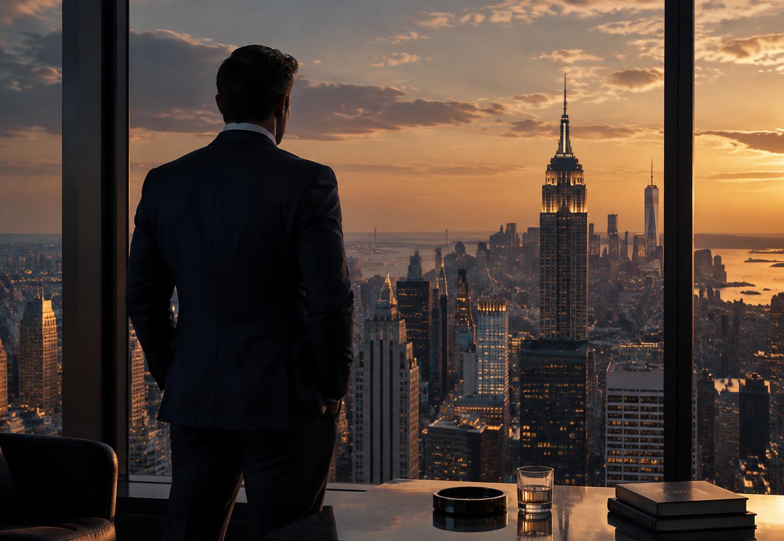 Silhouetted executive overlooking the New York skyline at dusk (illustrative image)