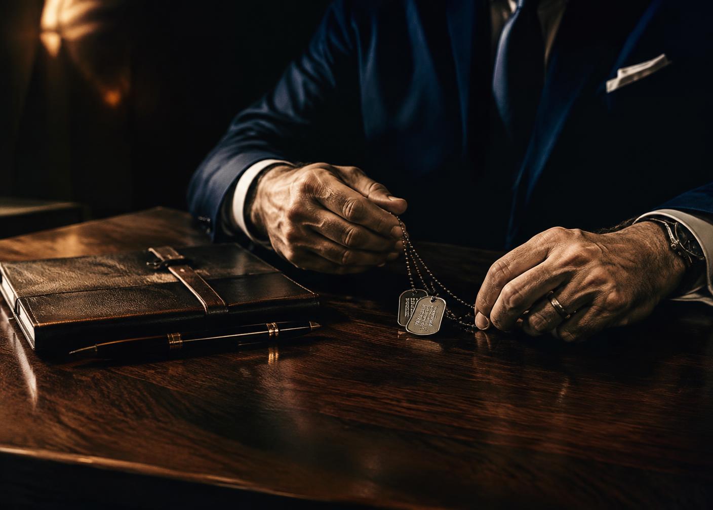 Hands holding military identification tags beside a leather notebook (illustrative image)